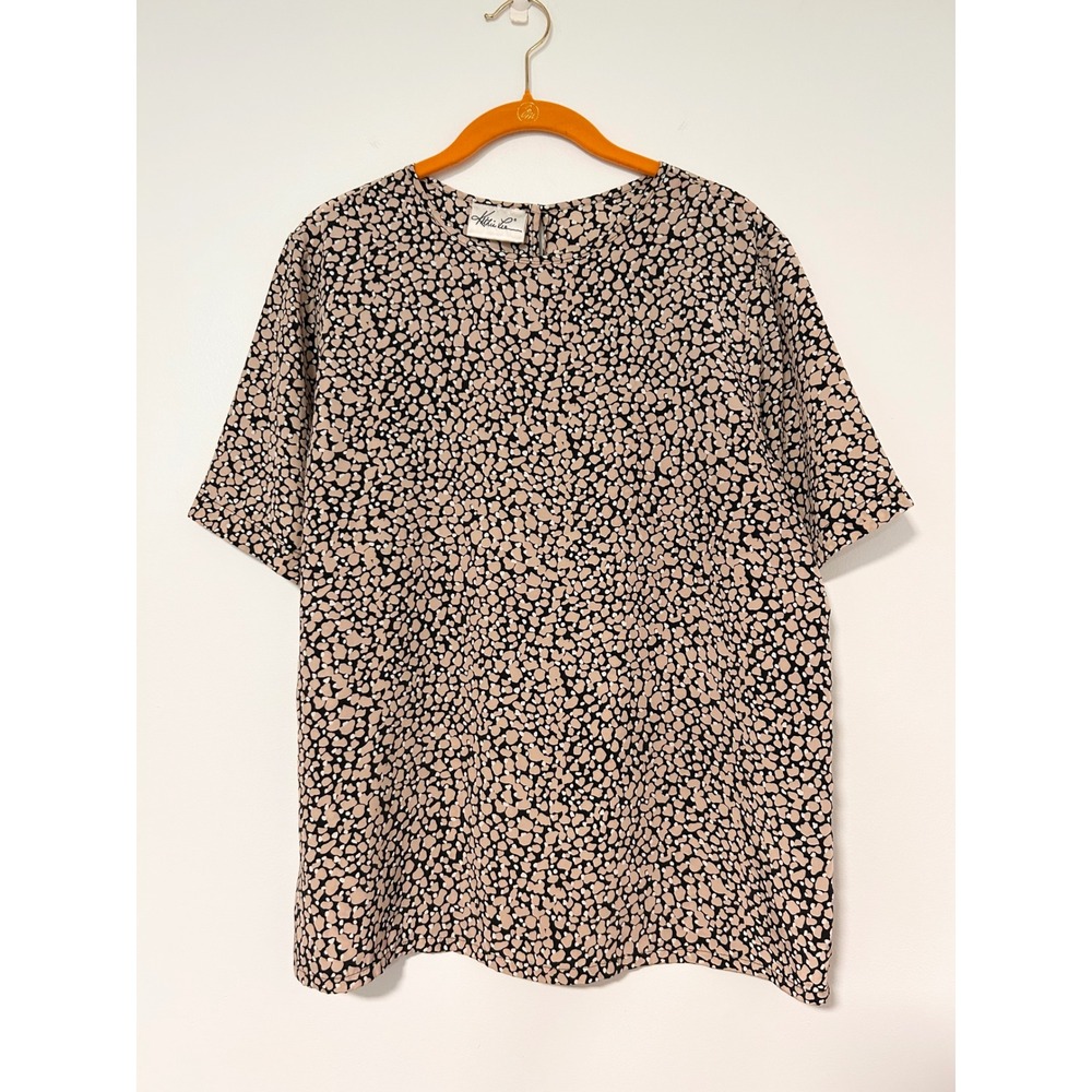 Kathie Lee Vintage Short Sleeve Blouse‎ Tan Black Abstract Pebble Print large